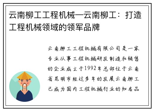 云南柳工工程机械—云南柳工：打造工程机械领域的领军品牌